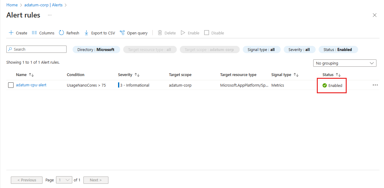 Captura de ecrã do portal do Azure a mostrar a página Regras de alerta com a regra que acabou de ser criada ativada.