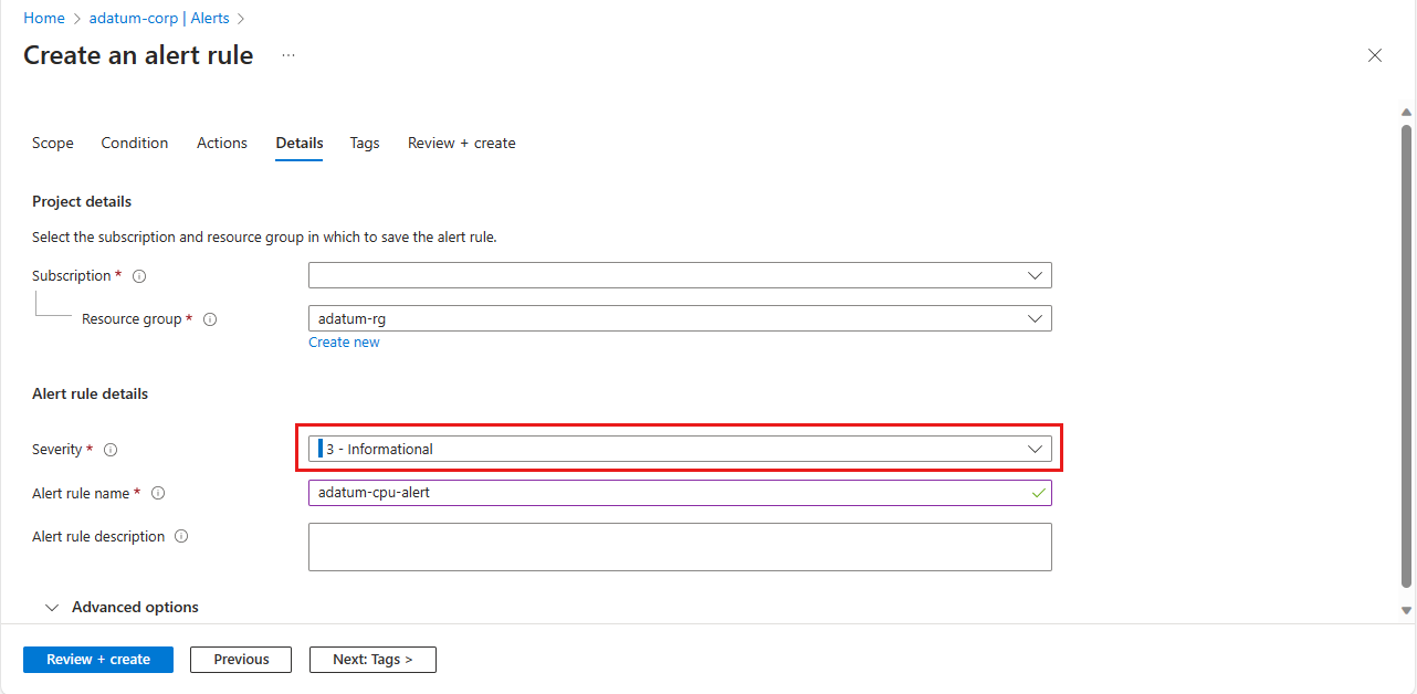 Captura de ecrã do portal do Azure a mostrar a página Criar regra com a Severidade nos Detalhes do Alerta realçada.