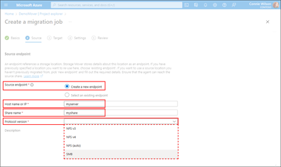 Screen capture of the Source tab illustrating the location of the New Source Endpoint fields.