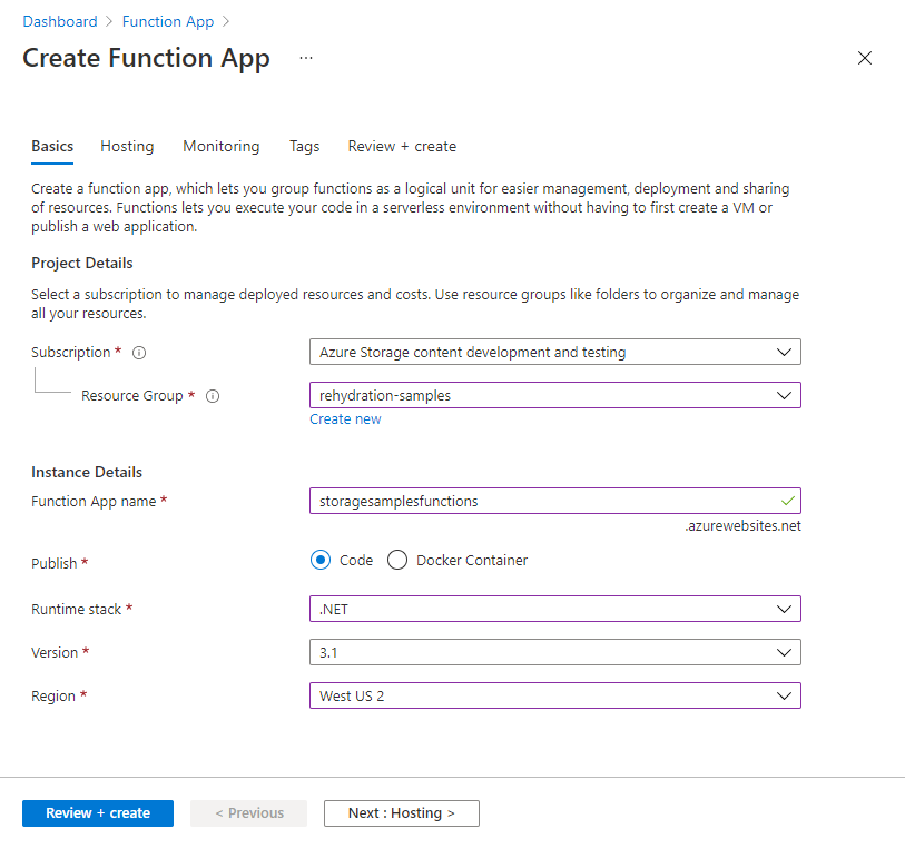 Screenshot mostrando como criar uma nova aplicação de função no separador Azure - Basics