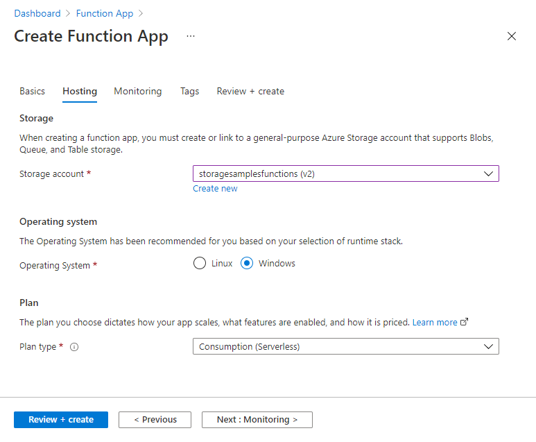 Screenshot mostrando como criar uma nova aplicação de função em Azure - Separador de hospedagem