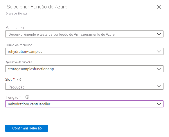Screenshot mostrando como selecionar uma Função Azure como ponto final para uma subscrição de Grade de Eventos