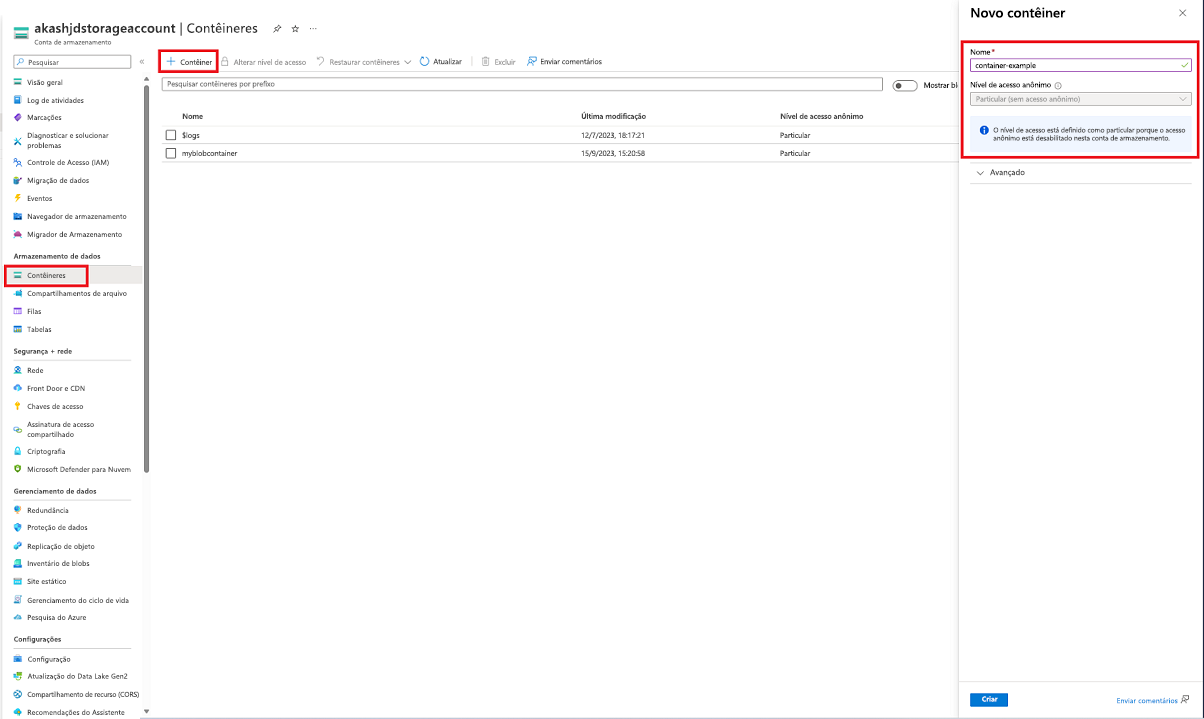 Screenshot showing how to create a container within the Azure portal.