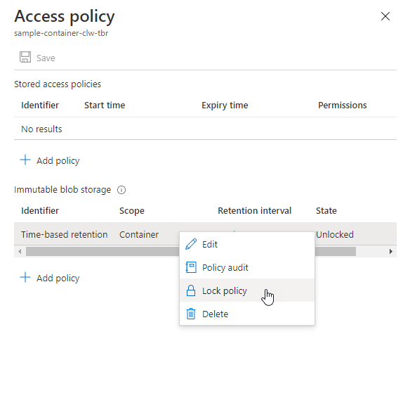 Captura de ecrã a mostrar como bloquear a política de retenção baseada no tempo no portal do Azure
