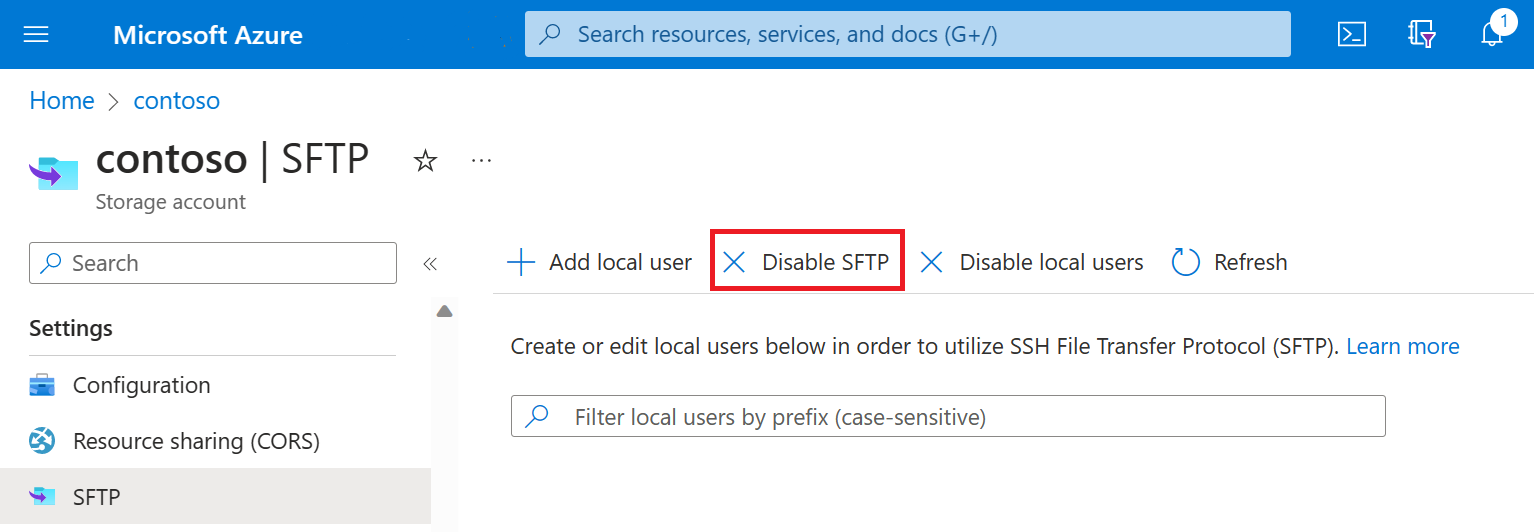 Captura de tela do botão desativar SFTP.