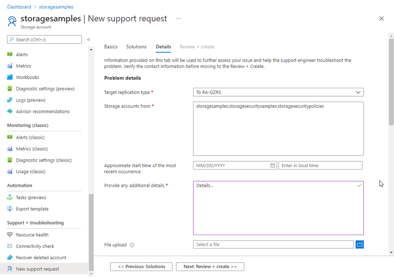 Screenshot mostrando como solicitar uma conversão - Separador de detalhes adicionais.