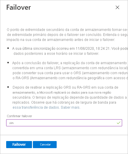 Captura de tela mostrando a caixa de diálogo de confirmação para um failover de conta