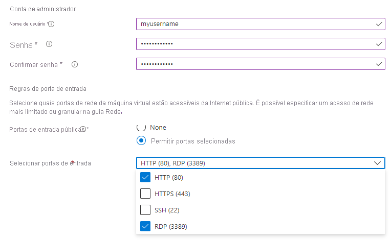 Screenshot showing how to set the username, password, and inbound port rules for the V M.
