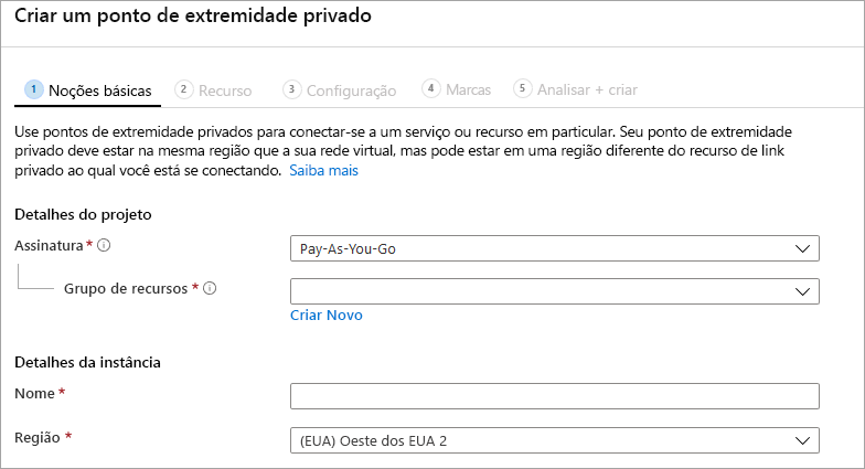 Uma captura de tela da seção Noções básicas da seção Criar ponto de extremidade privado