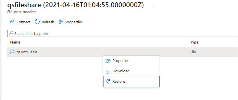 Captura de ecrã do separador instantâneo, qstestfile está selecionado, restaurar está realçado.