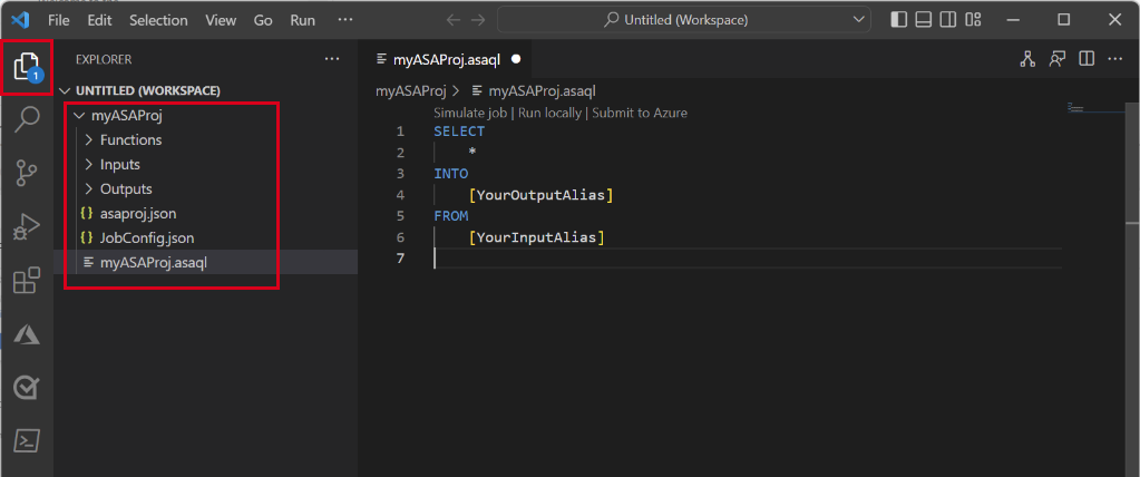 Screenshot mostrando ficheiros de projeto stream analytics em Visual Studio Code.