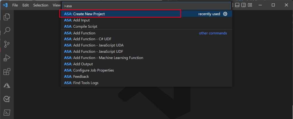 Captura de ecrã a mostrar a seleção de ASA: Criar Novo Projeto na paleta de comandos.