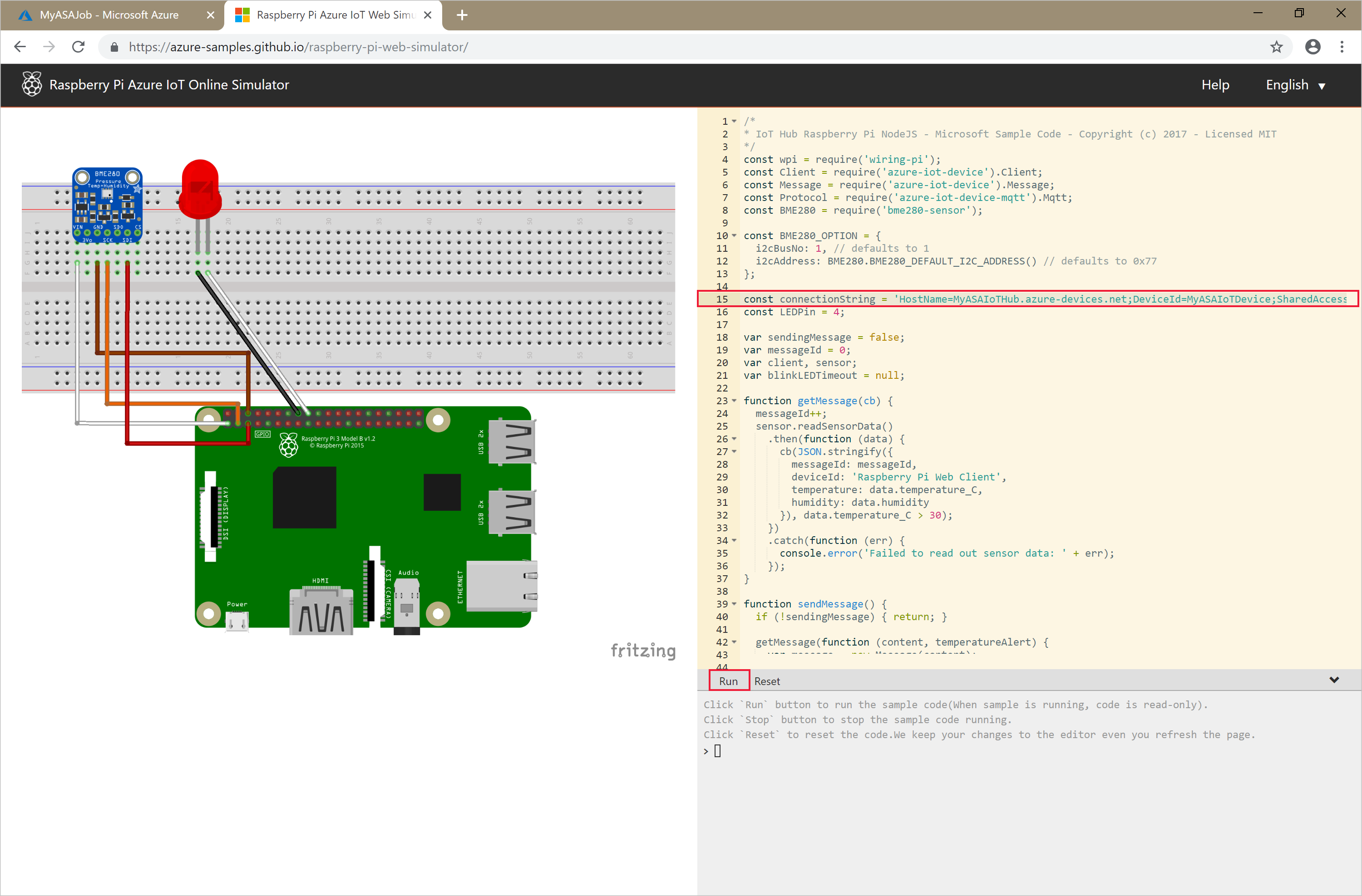 Screenshot mostrando o Raspberry Pi Azure IoT Online Simulator com saída.