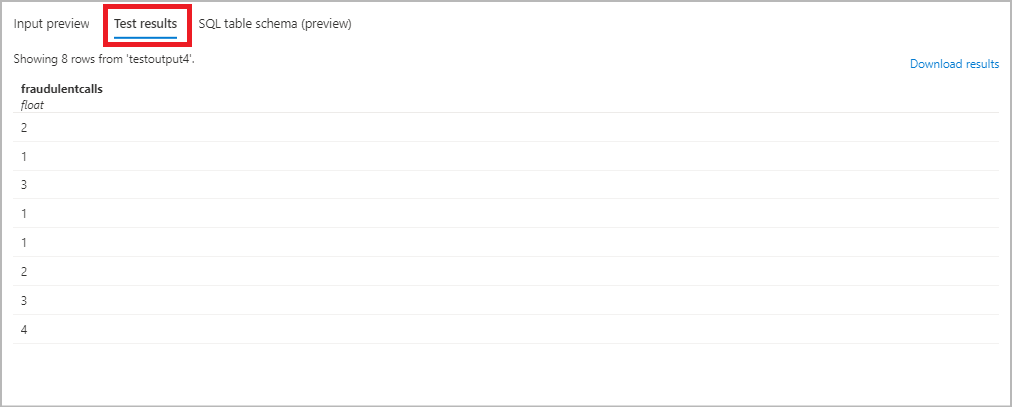 Captura de ecrã a mostrar os resultados dos testes de consulta no Stream Analytics.