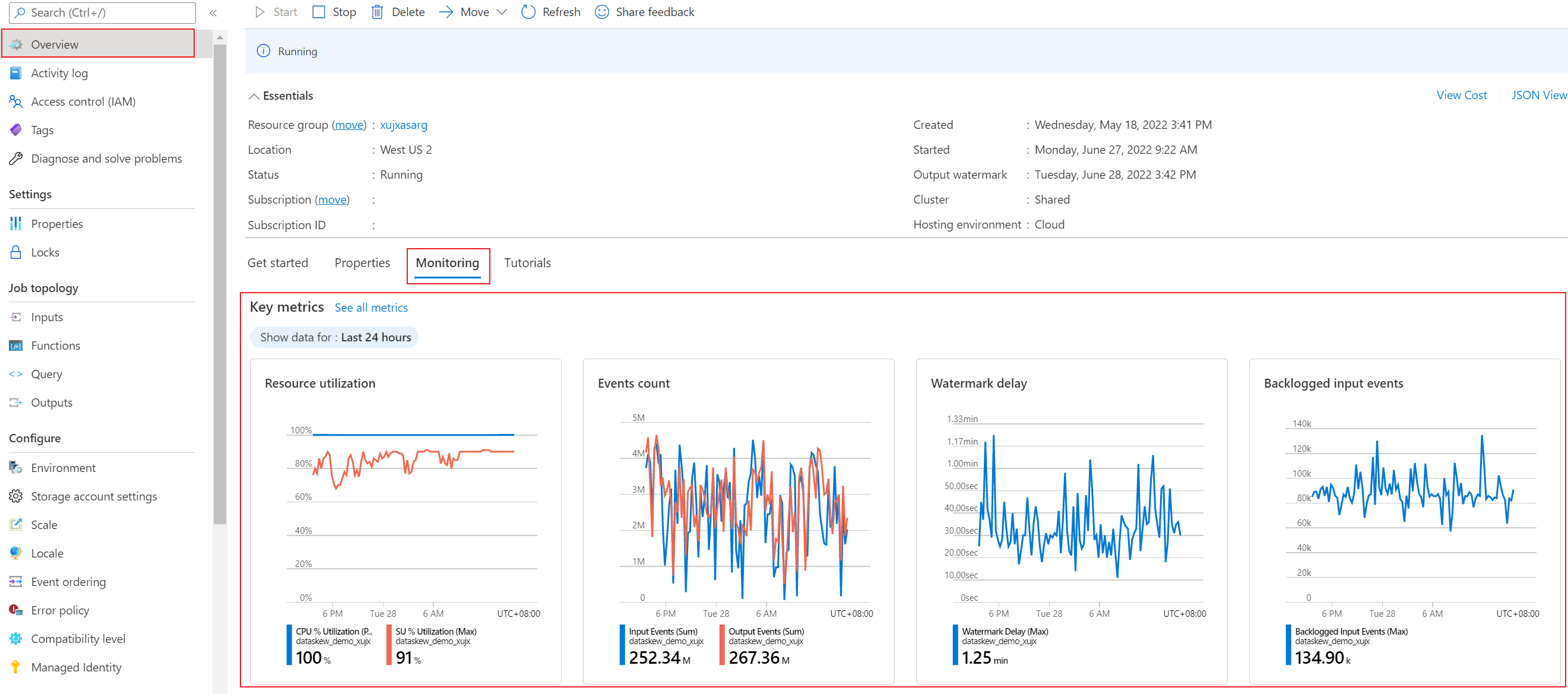Screenshot do portal do Azure que mostra a secção para monitorizar os trabalhos do Stream Analytics.