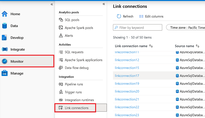Captura de tela que mostra como monitorar o status da conexão do Azure Synapse Link a partir do hub do monitor.