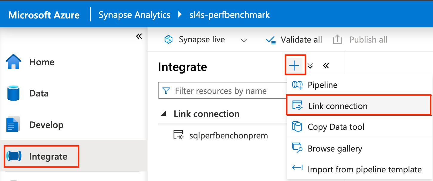Captura de tela que mostra como selecionar uma nova conexão de link do Synapse Studio.