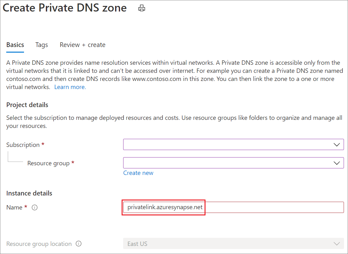 Captura de ecrã a mostrar Create Synapse private DNS zone 2 (Criar zona DNS privada do Synapse 2).