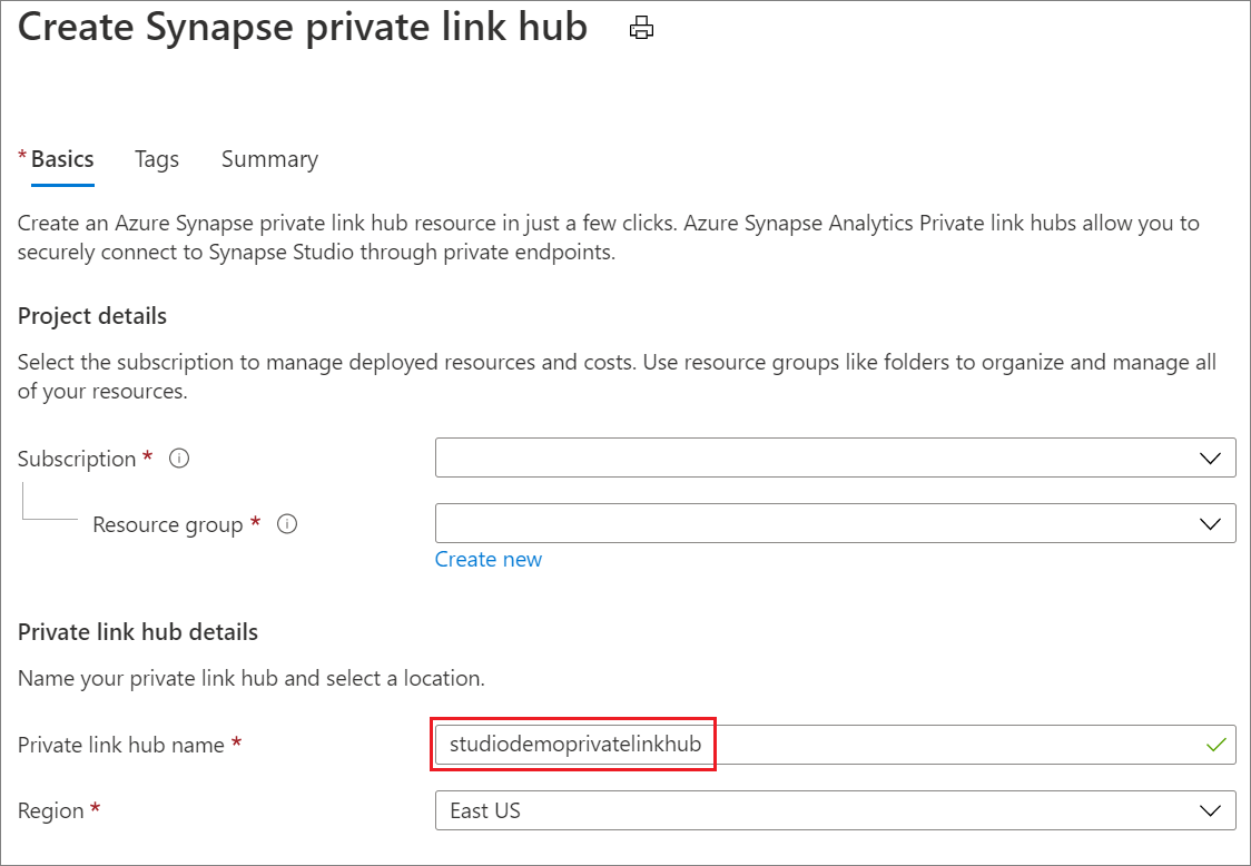 Captura de ecrã a mostrar Create Synapse private link hub (Criar hub de ligação privada do Synapse).