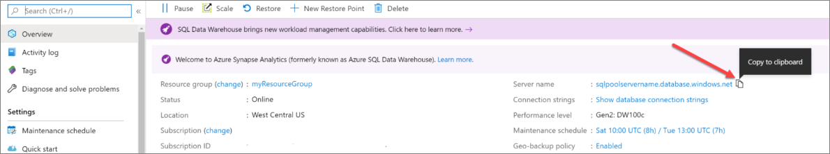 Uma captura de ecrã do portal do Azure. Localize o nome do servidor e copie o nome do servidor para a área de transferência.