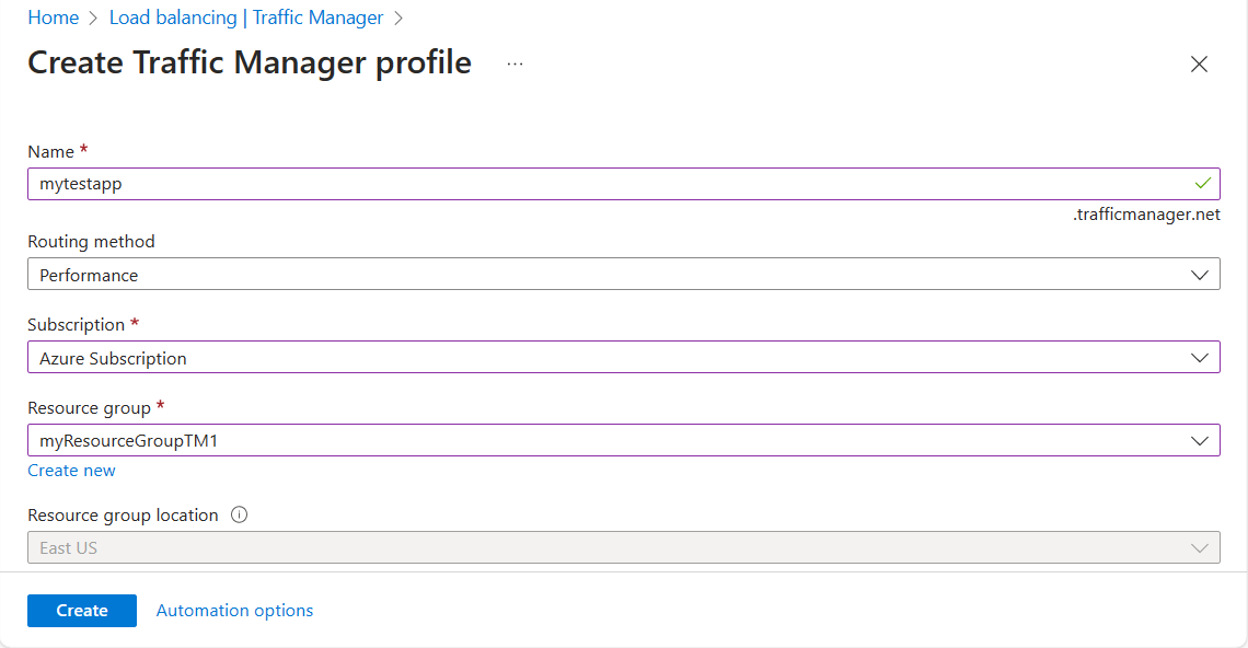 Captura de tela da criação de um perfil de gerenciador de tráfego com roteamento de desempenho.