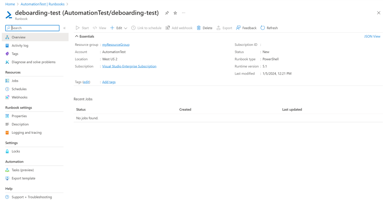 Captura de tela que mostra que o runbook oferece suporte ao PowerShell 5.1 durante o desembarque.