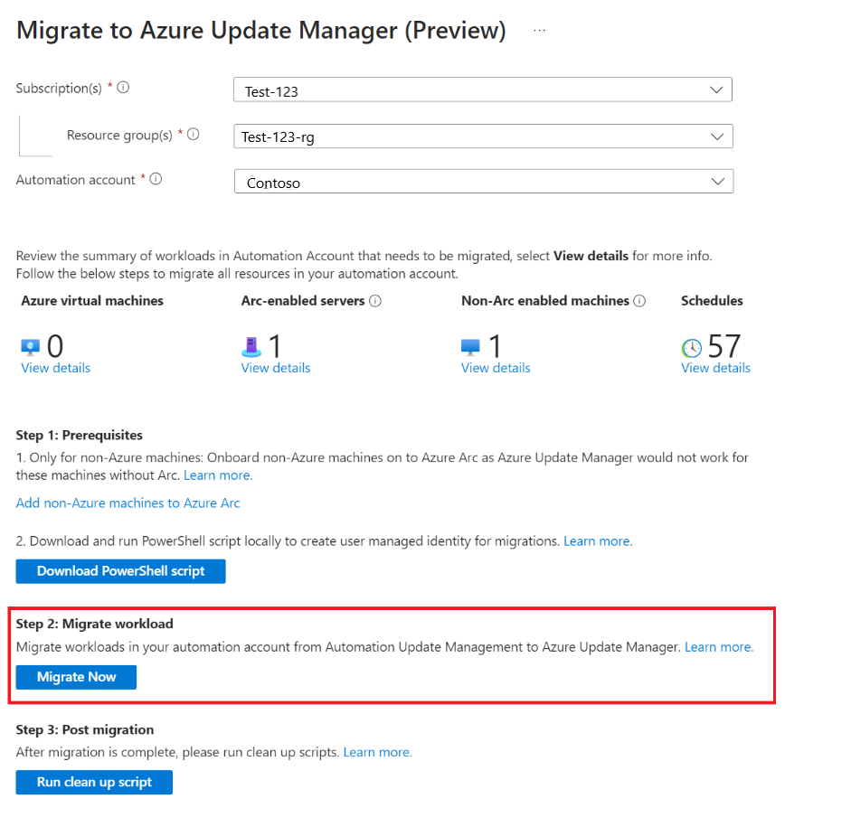 Captura de tela que mostra como migrar a carga de trabalho em sua conta de automação.