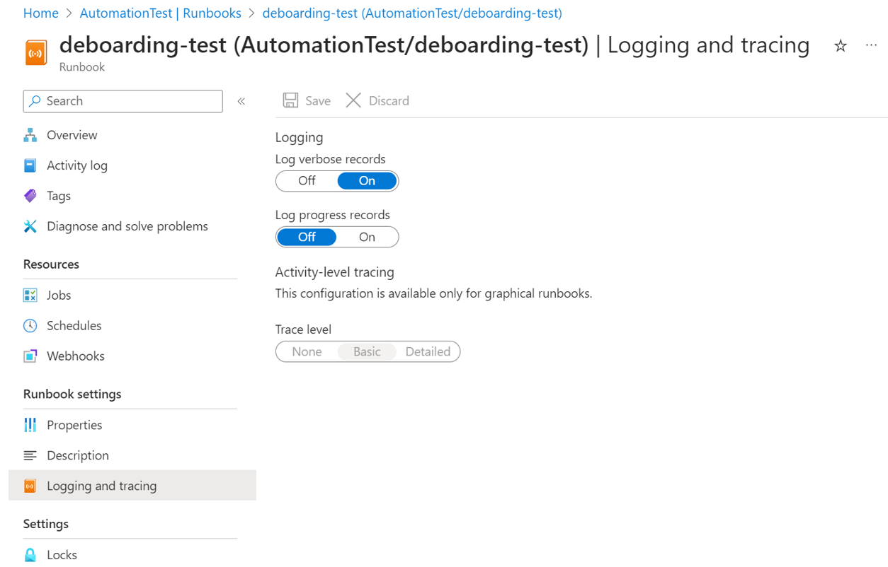 Captura de tela que mostra a configuração de registros detalhados de log durante o desembarque.