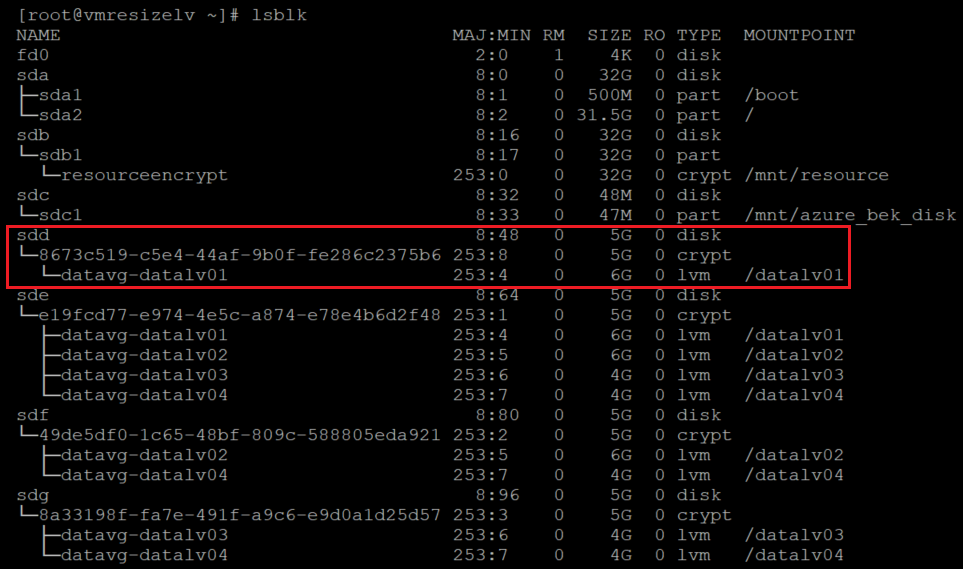 Captura de ecrã a mostrar o código que verifica se a camada LVM está sobre a camada encriptada. O resultado está realçado.