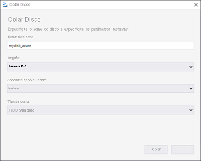 Captura de ecrã do formulário Colar Disco do Explorador de Armazenamento do Azure.