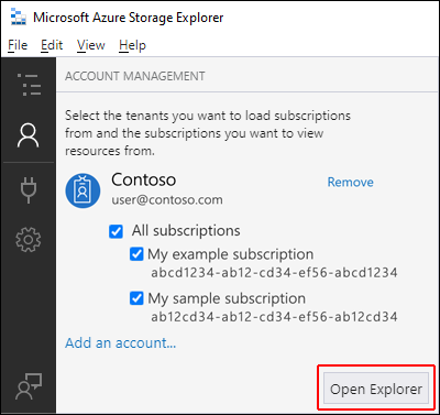 Captura de ecrã a mostrar Explorador de Armazenamento do Azure a realçar a localização do botão Abrir Explorador.