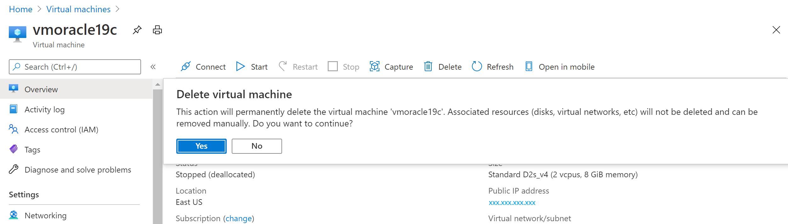 Captura de ecrã que mostra a mensagem de confirmação para eliminar uma máquina virtual.