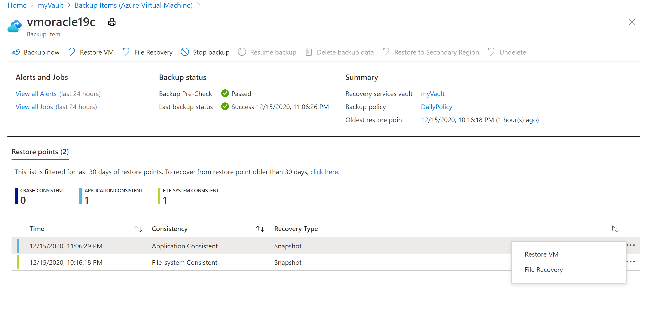 Captura de ecrã a mostrar o comando para restaurar uma VM.