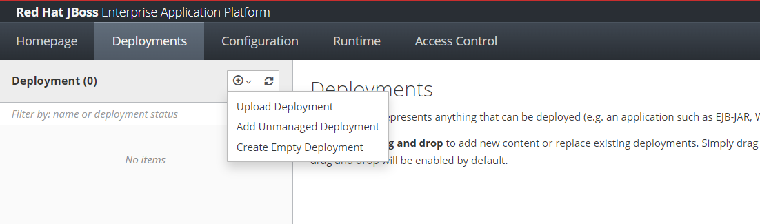 Captura de tela da guia Implantações do console de gerenciamento do JBoss EAP.