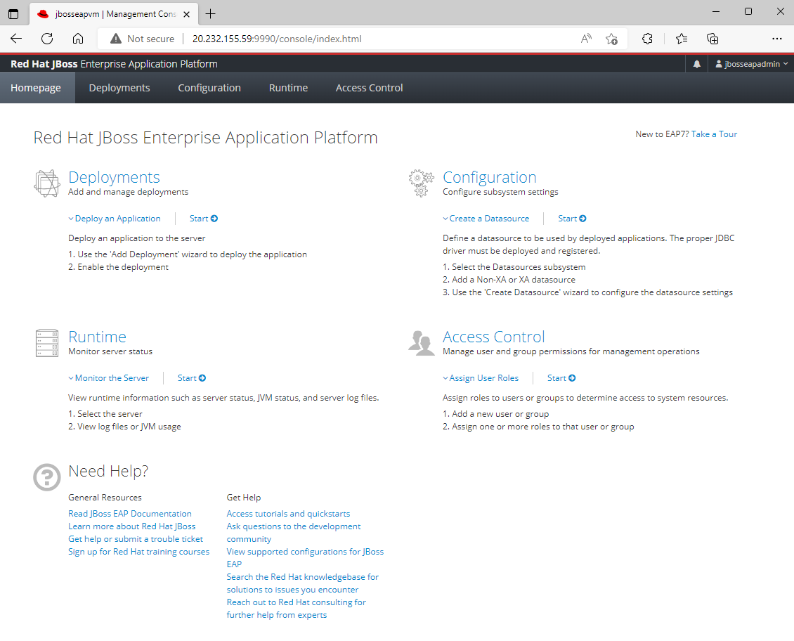 Captura de tela da página de boas-vindas do console de gerenciamento do JBoss EAP.