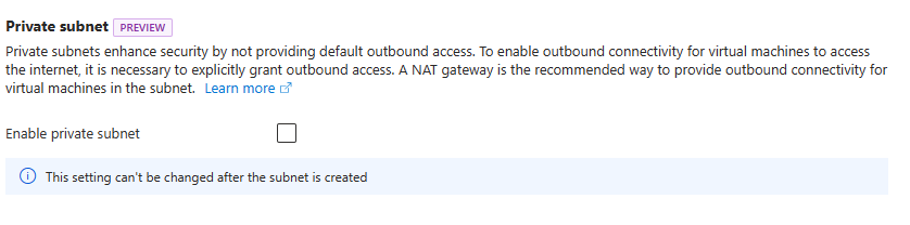 Captura de ecrã do portal do Azure a mostrar a opção de sub-rede privada.