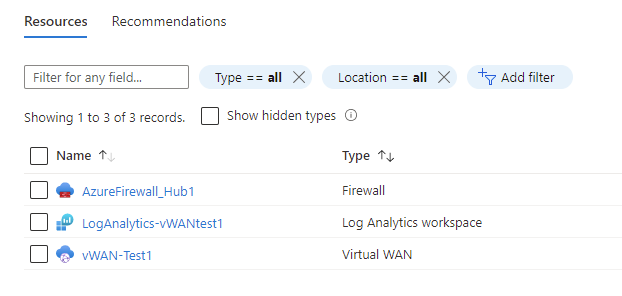 Captura de ecrã a mostrar um recurso de Firewall no grupo de recursos do hub vWAN.