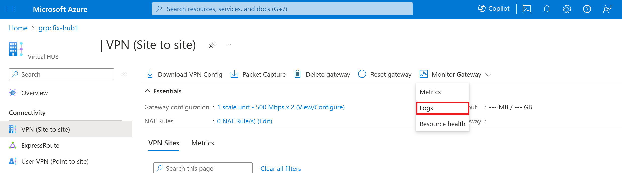 Captura de ecrã a mostrar a opção Selecionar Vista no Azure Monitor para Registos.