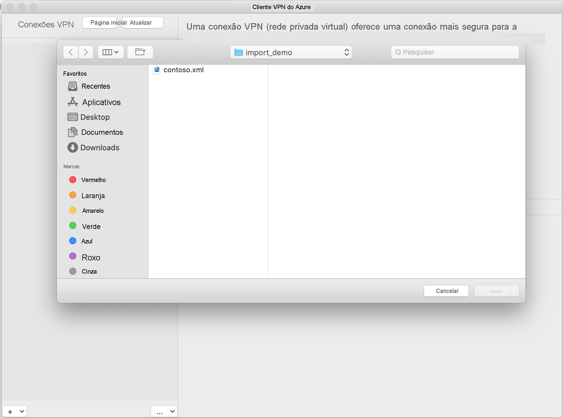 Screenshot of Azure VPN Client import clicking open.