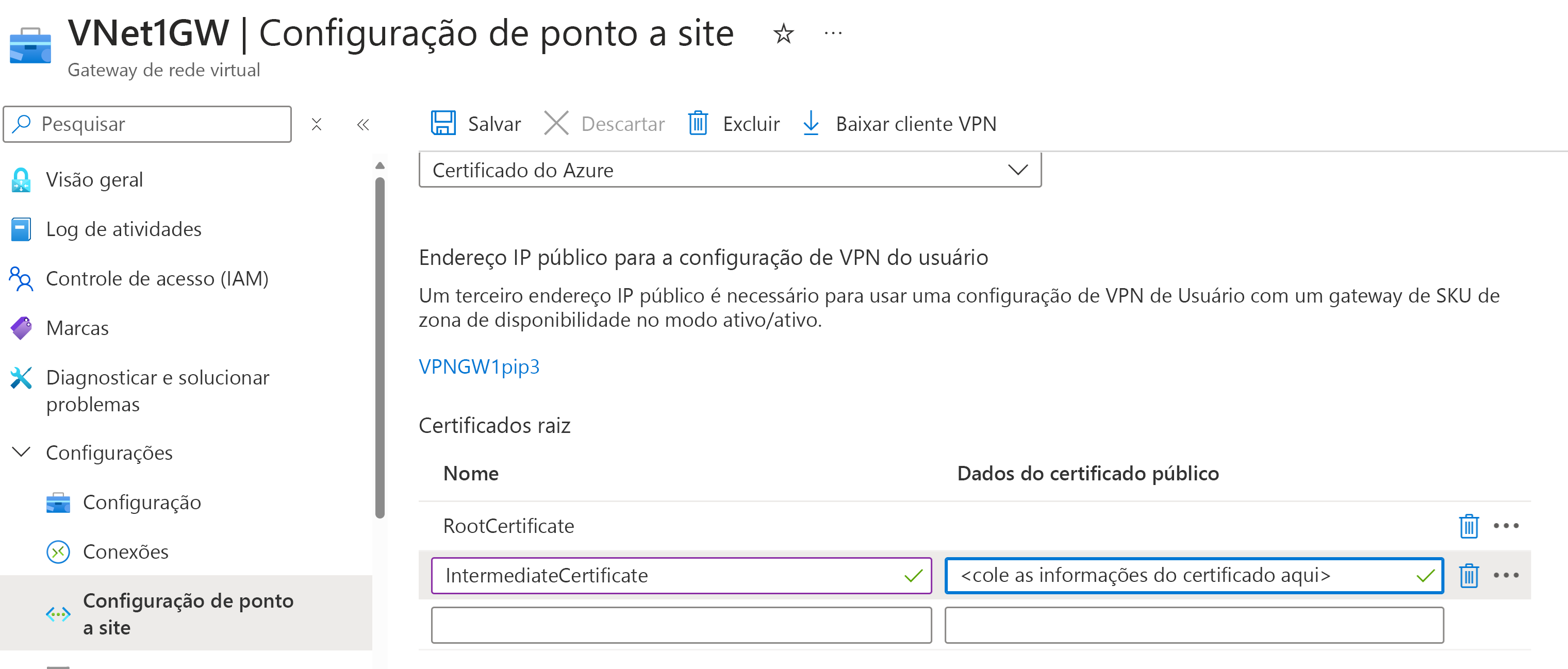 Certificado intermediário para configuração ponto-a-site.