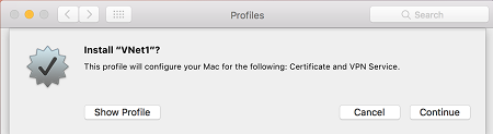Screenshot shows profile install with continue selected.