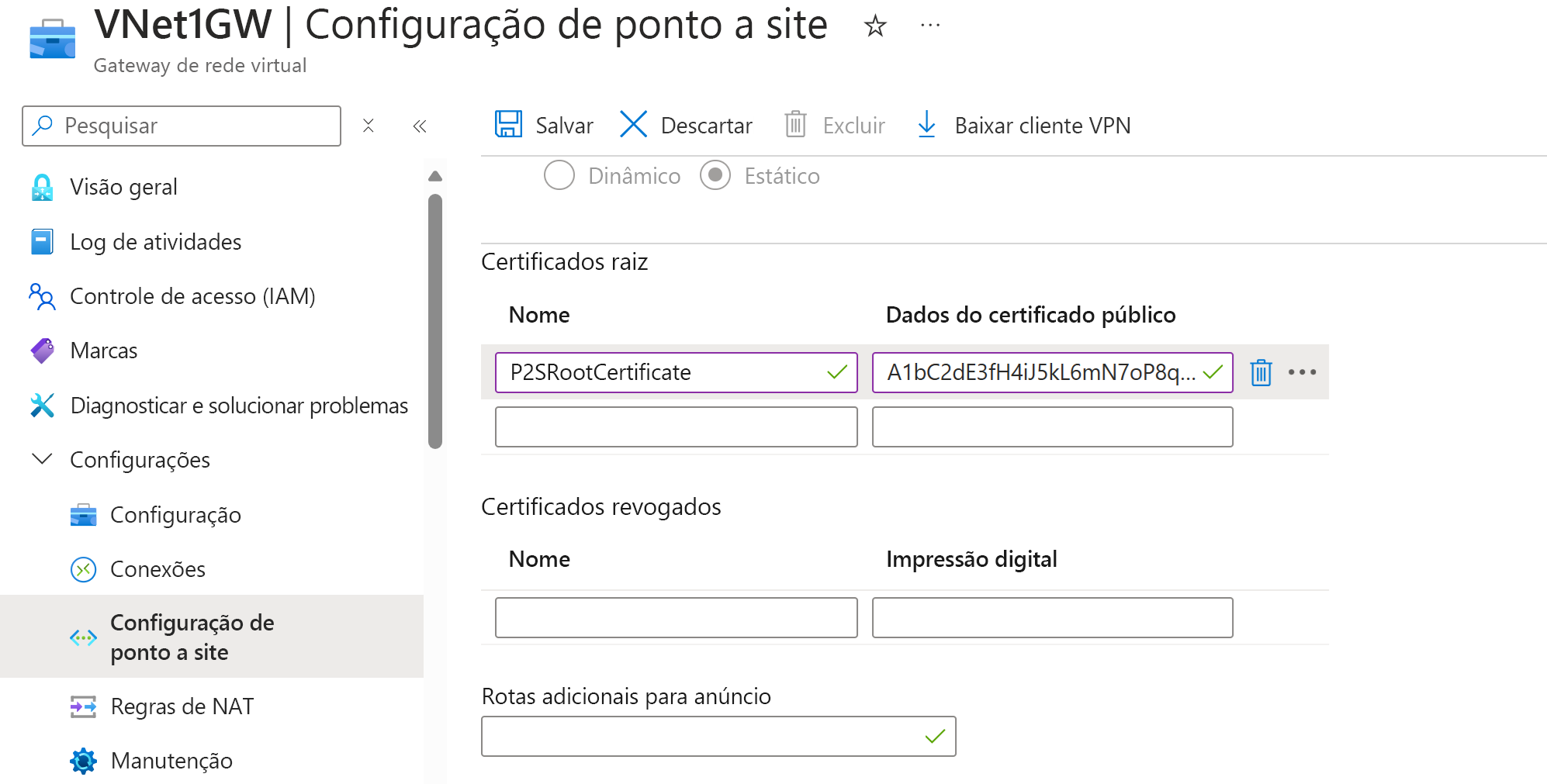 Captura de ecrã do campo de dados do certificado.