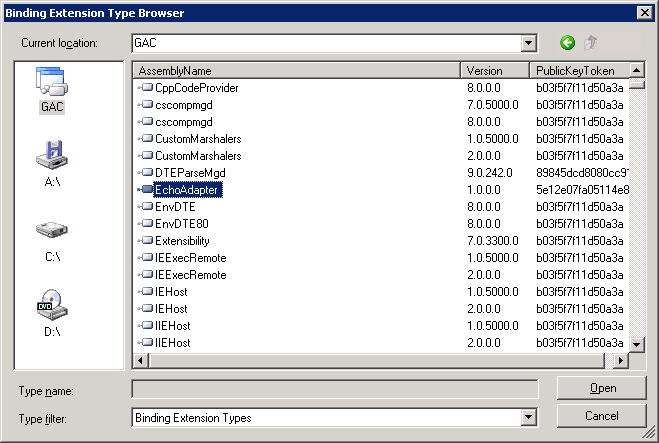 7528e218-8930-4b01-b29d-8ec125a9b818 Screenshot that shows the Binding Extension Type Browser.