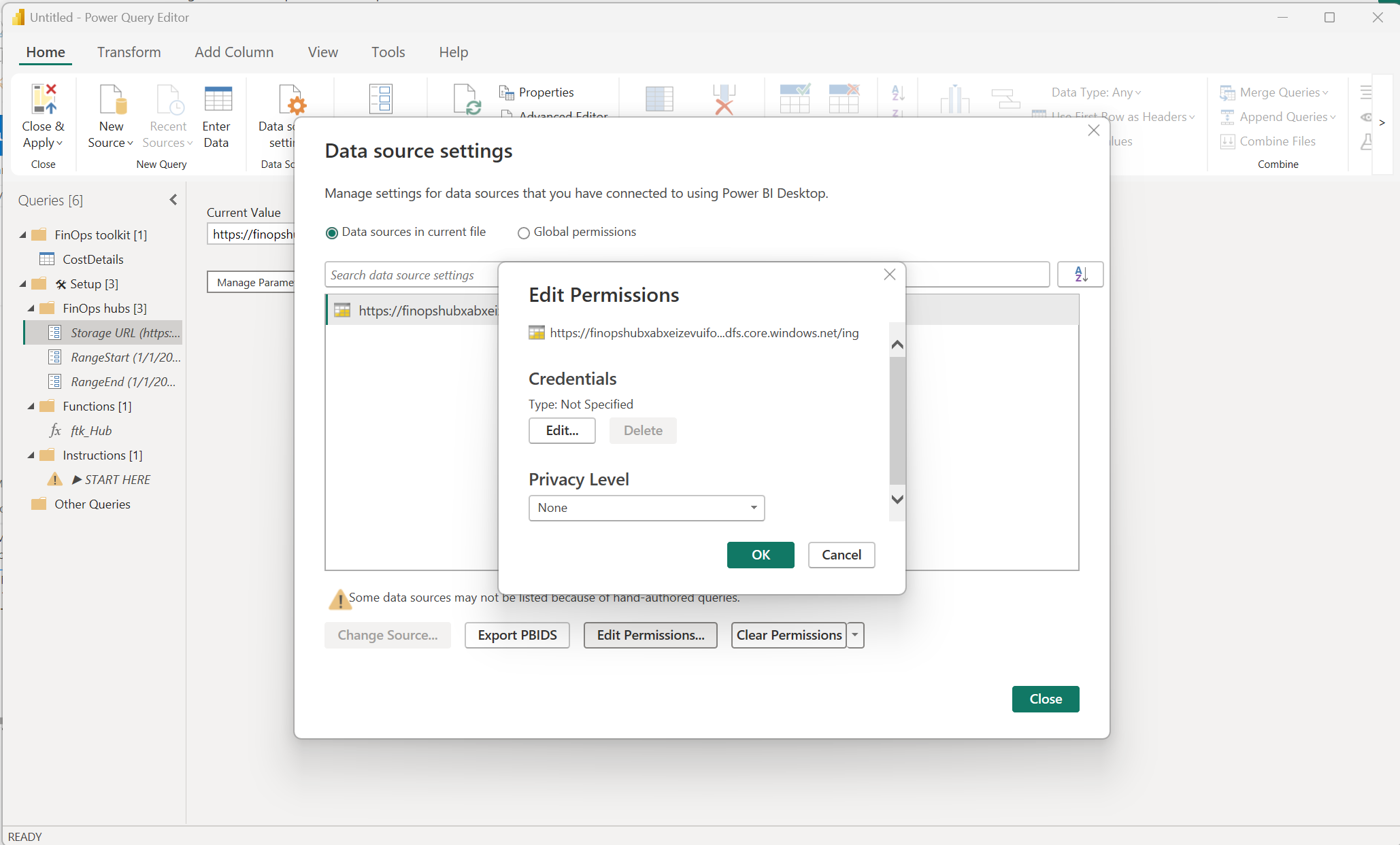 Captura de tela das configurações da fonte de dados em Transformar dados.