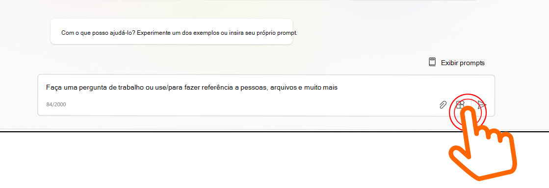 Imagem a mostrar um cursor a apontar para o menu de plug-in na caixa de entrada da conversa no Copilot para o Microsoft 365.