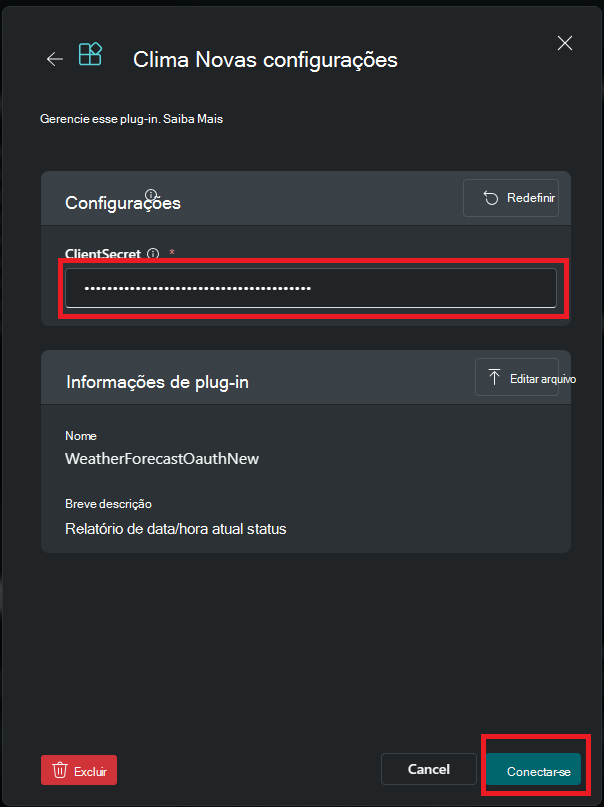 Captura de ecrã a mostrar Passo para introduzir o segredo do cliente