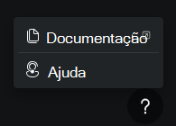 Captura de tela mostrando as opções de menu de ícone de ajuda, incluindo documentação e suporte.