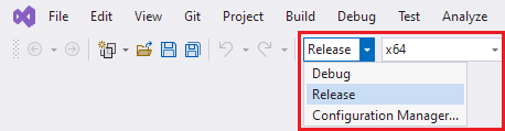 Captura de tela do menu suspenso Configuração da Solução definido como Versão e o menu suspenso Plataforma da Solução definido como x64.