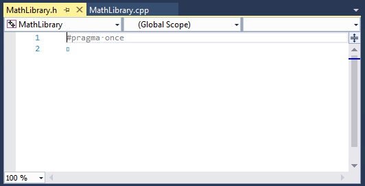Captura de tela do arquivo MathLibrary.h vazio no editor.