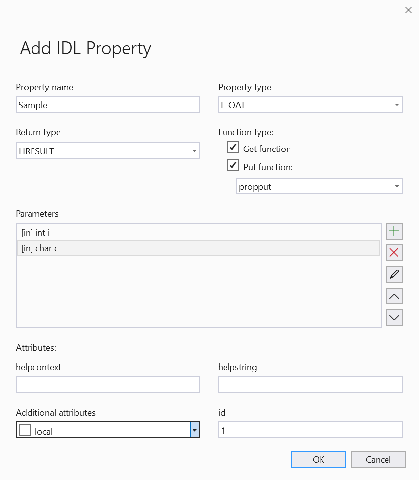 Captura de ecrã de Adicionar Propriedade IDL com dois parâmetros: [ in ] int i e [ in ] char c. O tipo de retorno é HRESULT. O tipo de propriedade é float.
